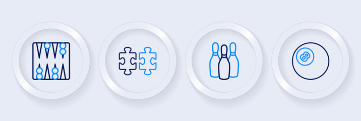 Set line Billiard pool snooker ball, Bowling pin, Puzzle pieces toy and Backgammon board icon. Vector