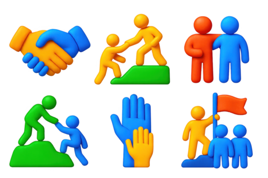Series of hand and body figures in various colors, including green, blue
