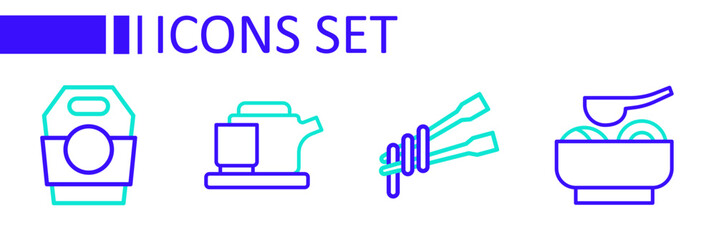 Set line Ramen soup bowl, Food chopsticks with noodles, Traditional tea ceremony and Asian in paper box icon. Vector
