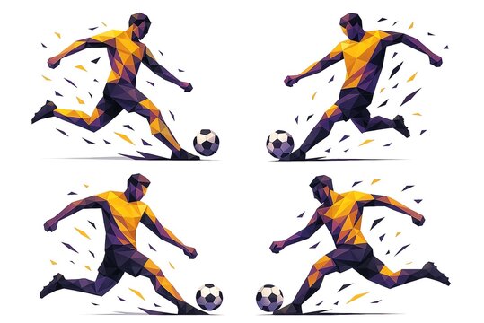 Four stylized abstract soccer players are depicted in dynamic poses. Each player is designed with a geometric, polygonal style, featuring vibrant multicolored shapes in shades of yellow, purple