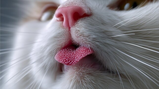 Extreme macro close-up of a white cat's pink nose and textured, spiky tongue while licking. Detailed focus on fur and sensory organs.