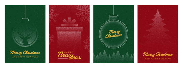 Four christmas vector greeting card with dot art style. Merry Christmas and Happy New Year holiday seasonal celebration background.