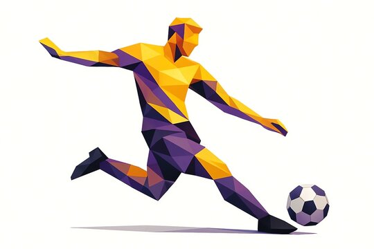 Stylized polygonal illustration of a soccer player lunging to kick a ball. The design features geometric shapes in vibrant yellow and purple tones, white background