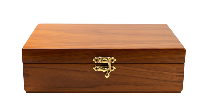 Elegant brown wooden keepsake box with a vintage brass clasp for storing cherished treasures and secret memories, isolated on a white background