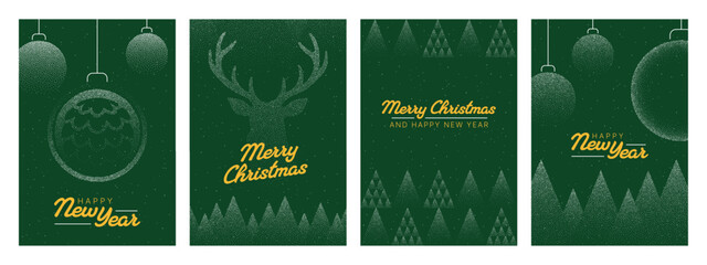Four christmas and Happy New Year card or poster of winter elements, a deer, ornaments and trees. Festive holiday season greetings for celebration