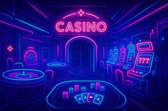 Neon illustration depicting a casino interior. The scene features elements like a roulette table, slot machines, poker table with chips and cards, all outlined in vivid pink, blue, and purple hues