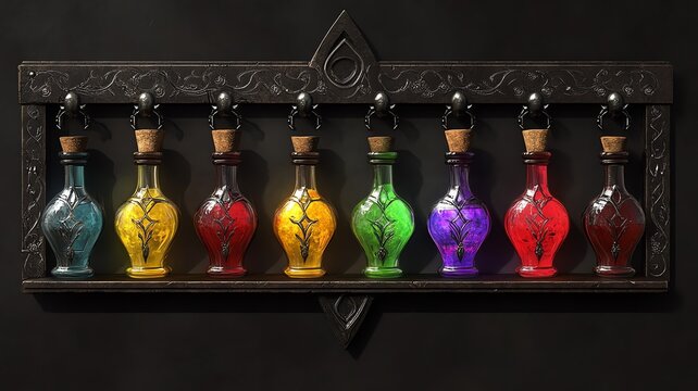 Eight ornate glass potion bottles displayed on a decorative black shelf, each with a distinctive medieval design - Powered by Adobe