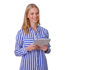 Professional woman holding tablet and smiling, embracing smart technology, innovative digital connectivity, transparent background