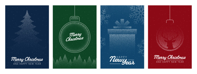 Collection of Christmas and New Year greeting card designs. Festive holiday season posters with dot art effects depicting tree, ornament, gift, deer, and messages.