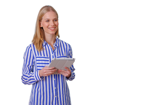 Professional woman holding tablet and smiling, embracing smart technology, innovative digital connectivity, transparent background