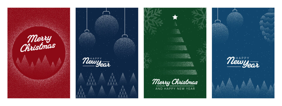 Four festive christmas vector greeting card designs with dot pattern, including abstract trees, ornaments, snowflakes for winter holiday celebration. - Powered by Adobe