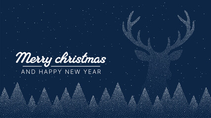 Horizontal vector Merry Christmas and Happy New Year greeting card with dotted reindeer and abstract Christmas tree pattern on dark blue background. © hiten666