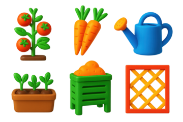 Vibrant Garden Icons. 3D icon set of vegetable garden elements: tomato plant, carrot bunch, garden bed, watering can, compost bin,