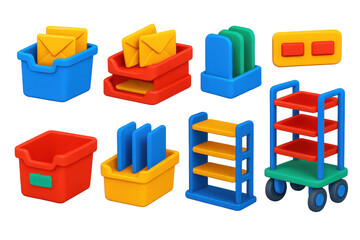 Set of colorful boxes and carts, including a red cart with a blue wheel