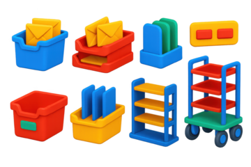 Set of colorful boxes and carts, including a red cart with a blue wheel
