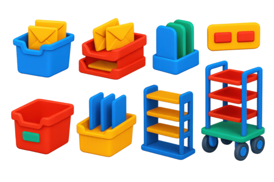 Set of colorful boxes and carts, including a red cart with a blue wheel