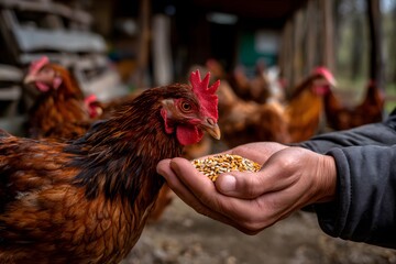 A person holds grains in their hand to feed a chicken at a farm. Several other chickens gather around, creating a lively scene early in the day