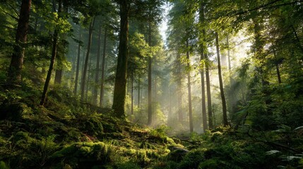 Obraz premium Harmony with Nature — Sun Rays in a Dense Forest