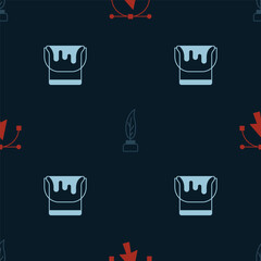 Set Bezier curve, Feather and inkwell and Paint bucket on seamless pattern. Vector