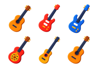 Set of six guitars are shown in various colors, including red, blue