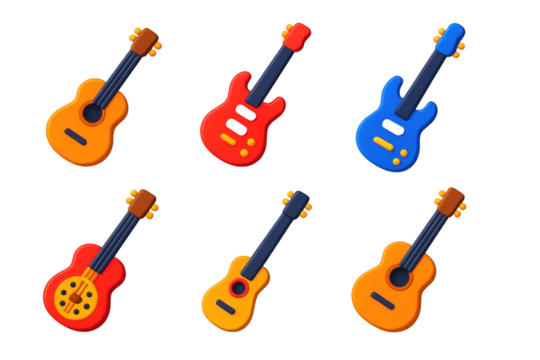 Set of six guitars are shown in various colors, including red, blue