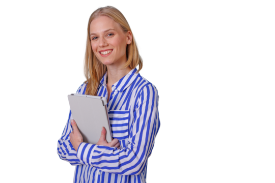 Blonde professional woman standing and smiling while holding a tablet, ready for online work, teaching or virtual presentations, isolated