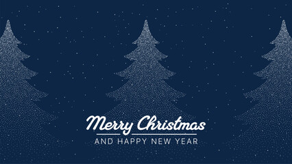 Winter night forest with starry sky and Merry Christmas and Happy New Year text. Holiday greeting card design.