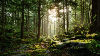 Obraz premium Harmony with Nature — Sun Rays in a Dense Forest