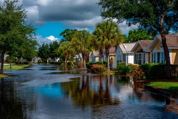 Water covers a suburban street following a significant rain event. Palm trees line the road, reflecting blue skies amidst scattered clouds