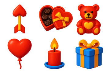 Collection of red and blue images of Valentine's Day gifts, including a heart