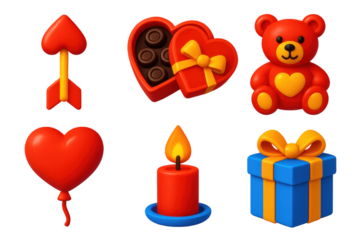 Collection of red and blue images of Valentine's Day gifts, including a heart