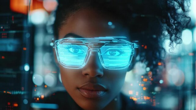 A young African American woman looking directly at the camera with a bright light emanating from her right eye. She has black hair and is wearing futuristic digital glasses.