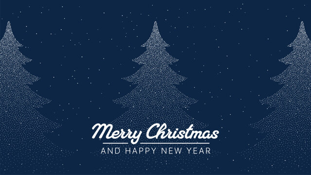 Winter night forest with starry sky and Merry Christmas and Happy New Year text. Holiday greeting card design.