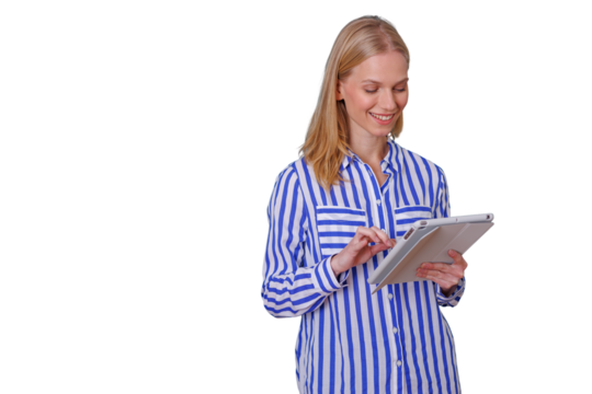 Blonde woman smiling, using a tablet, browsing online content, learning, or working remotely, in a digital communication concept