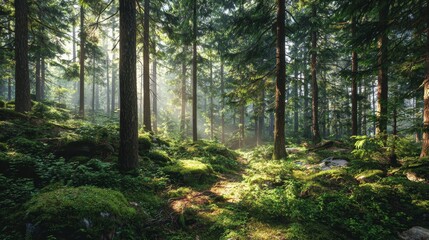 Fototapeta premium Harmony with Nature — Sun Rays in a Dense Forest
