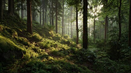 Fototapeta premium Harmony with Nature — Sun Rays in a Dense Forest