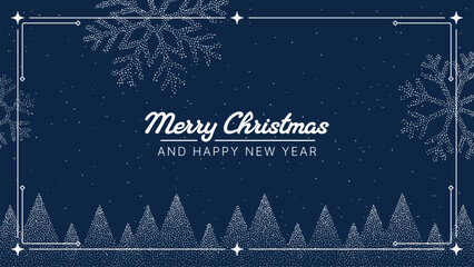 Merry Christmas and Happy New Year message on dark blue background with snowflakes and snowy trees for holiday greeting card.