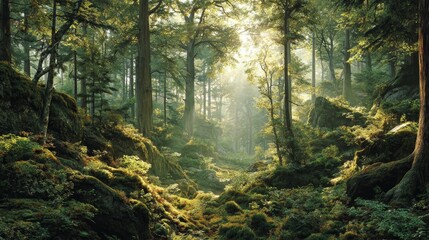 Obraz premium Harmony with Nature — Sun Rays in a Dense Forest