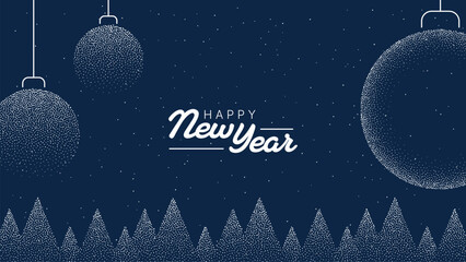 Happy New Year lettering with christmas tree and festive bauble ornament on dark background festive vector graphic design for postcard and greeting card. © hiten666