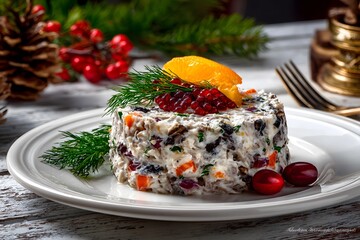 A beautifully arranged holiday salad features a mix of vegetables, herbs, and fruits, served on a simple white plate. The festive presentation enhances the dining atmosphere