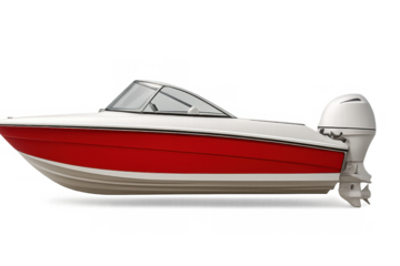 Speedboat with a red hull and white deck, featuring an outboard motor, ready for summer cruising and water sports