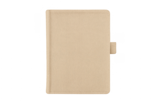 Beige closed notebook with fabric cover on transparent background