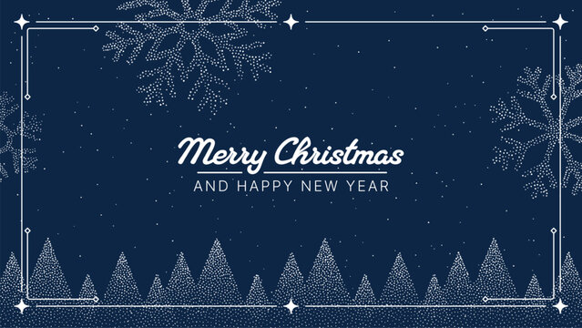 Merry Christmas and Happy New Year message on dark blue background with snowflakes and snowy trees for holiday greeting card.