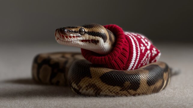 Humorous and bizarre studio portrait of a large Ball Python snake wearing a red and white knitted winter sweater.