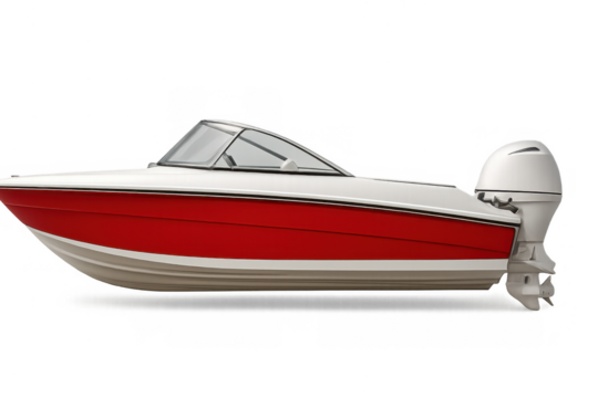 Speedboat with a red hull and white deck, featuring an outboard motor, ready for summer cruising and water sports