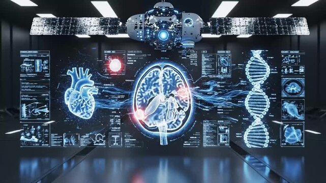 A futuristic medical workstation displaying diagnostic medical imaging with brain and DNA scans on glowing interfaces in a dark lab setting. Perfect for medical presentations, healthcare technology,