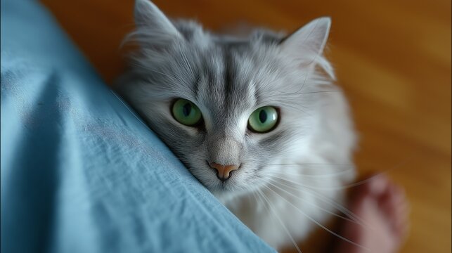 Close-up, low-angle, eye-level portrait of a fluffy silver tabby cat with vivid green eyes, peering over a blue textile surface.