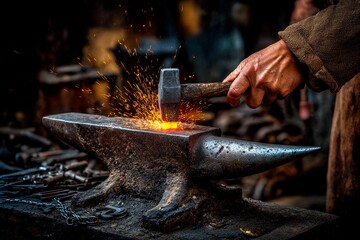A skilled blacksmith hammers hot iron on an anvil, creating bright sparks in a dusty workshop. The intense heat and focused effort showcase the artistry involved in metalworking