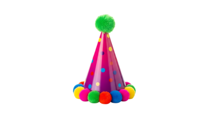 Brightly Colored Party Hat with Pom Poms and Polka Dots, cutout, PNG isolated on white or transparent background
