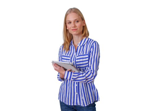 Professional blonde woman holding a tablet, wearing a striped shirt, confidently looking away. Transparent background